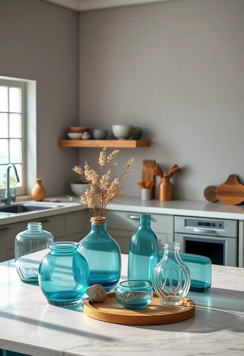 Sea Glass-Inspired Glassware Arranged to Reflect Light and Melody of Calm Ocean Waters