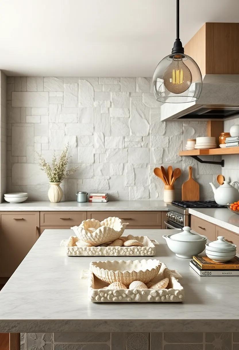 Seashell-Encrusted Trays and Bowls Displayed Thoughtfully Among Utensils and Cookbooks