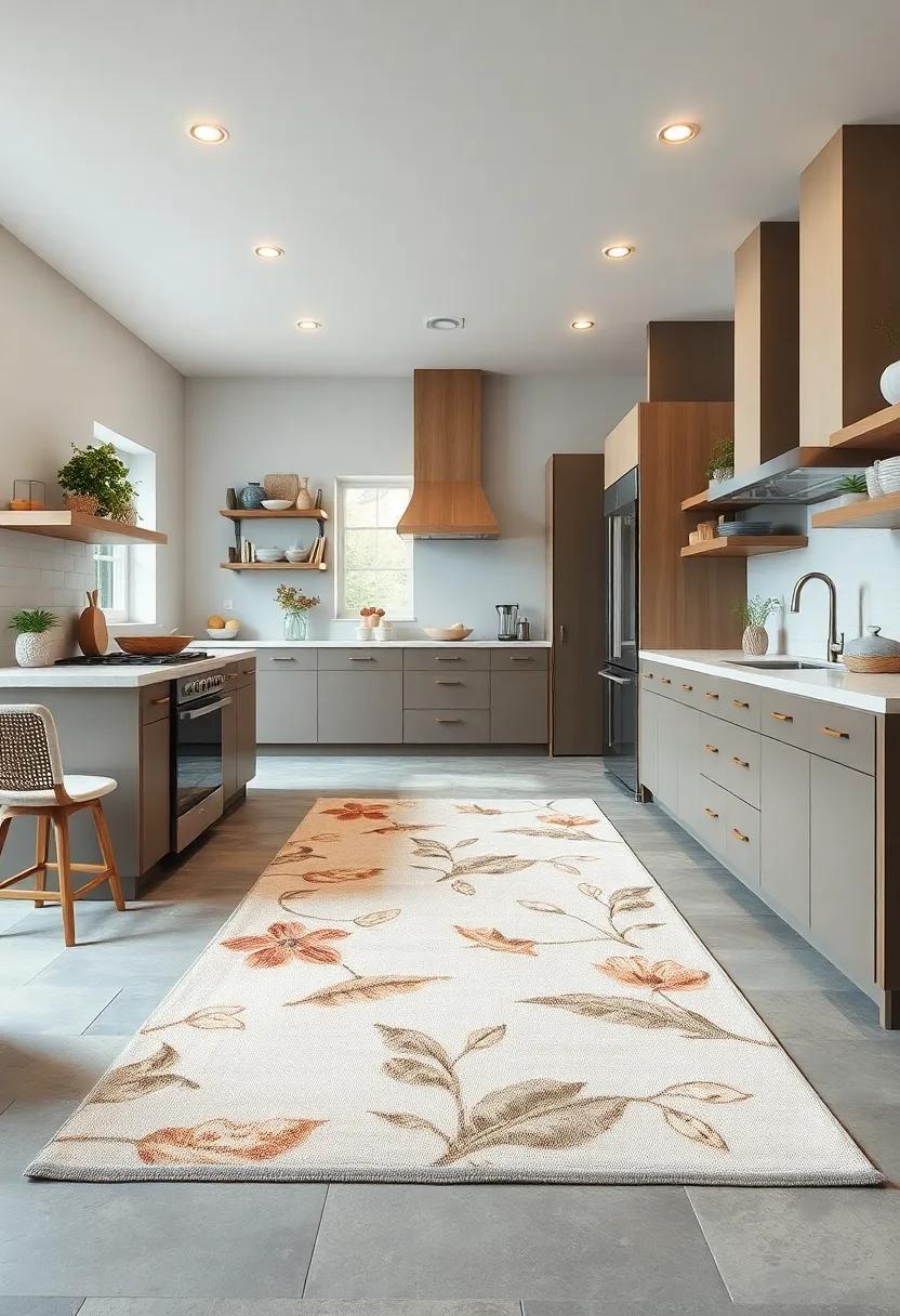 Soft Coastal Rugs Featuring Coastal Flora Patterns Providing Comfort and Visual Interest on Kitchen Floors