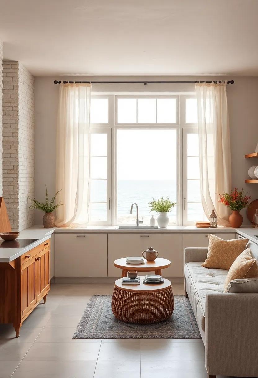 Soft Linen Curtains Gently Draping Over Paned Windows Opening to Ocean Breezes