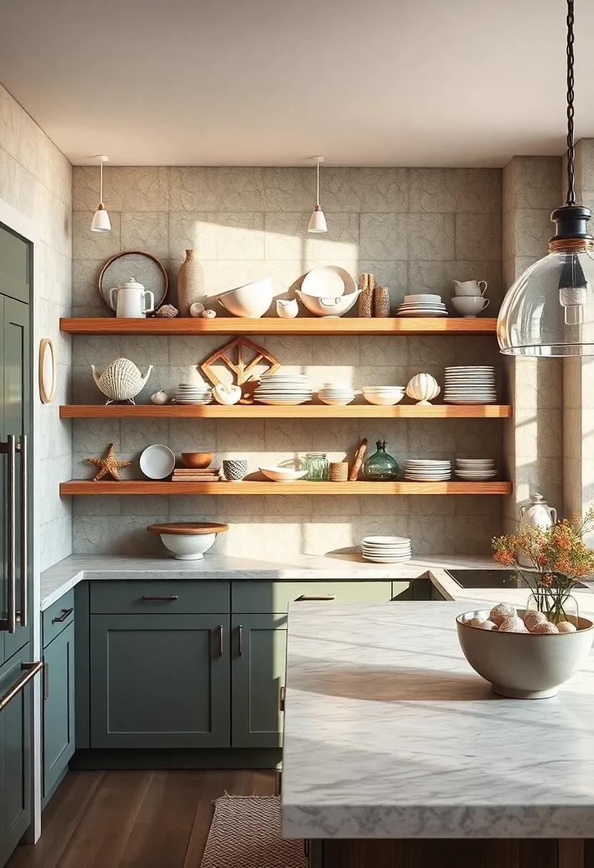 Sunlit Open Shelves Displaying Seashell Collections and Curated Coastal Cookware