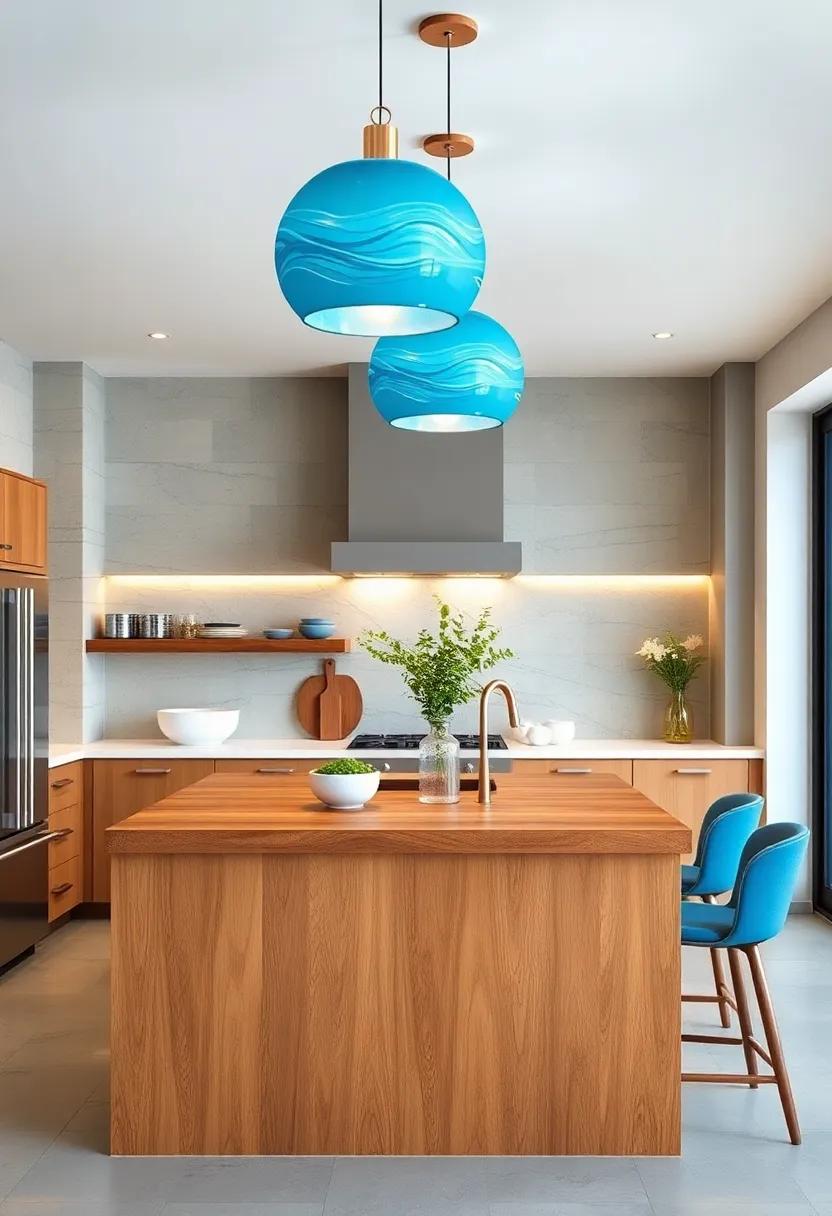 Translucent Blue Pendant Lights Mimicking Ocean Waves Above a Solid Wood Prep Counter