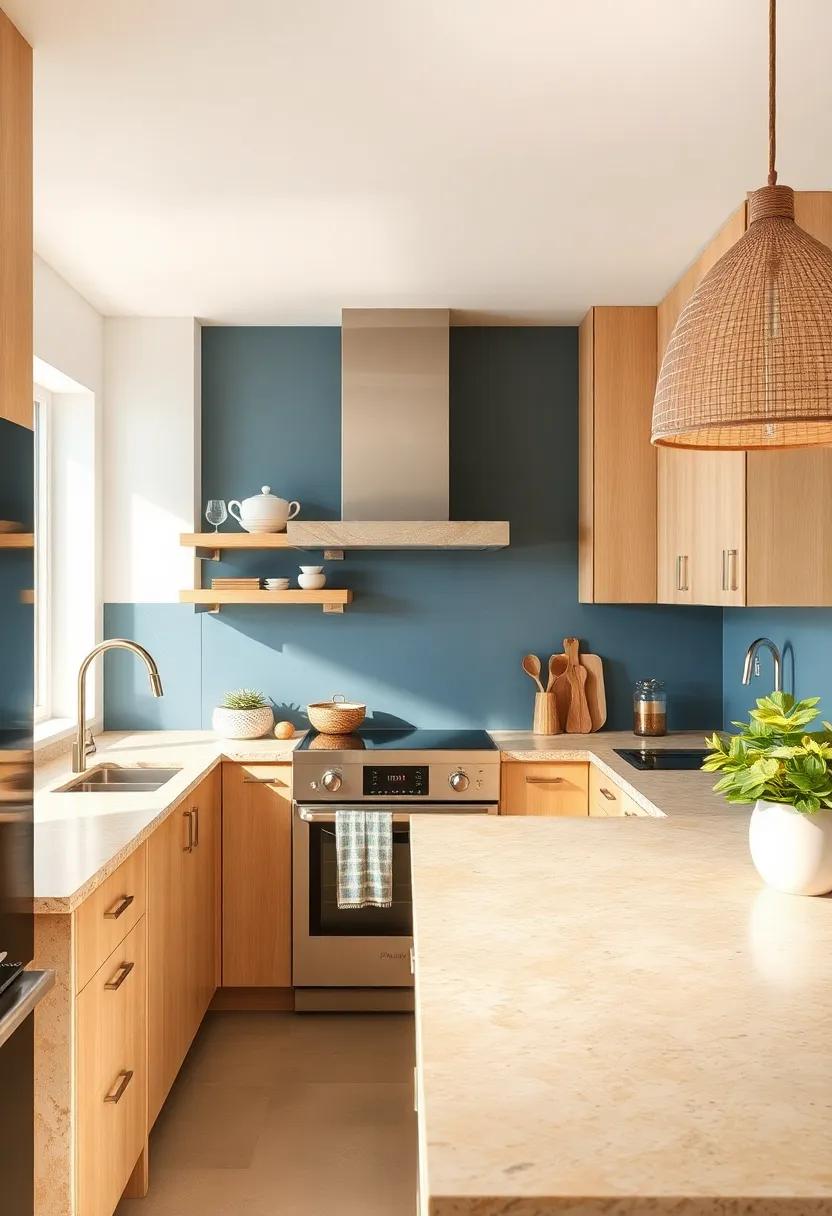 Warm Sand-Toned Countertops Paired with Muted Blue Backsplashes for a Balanced Coastal Palette