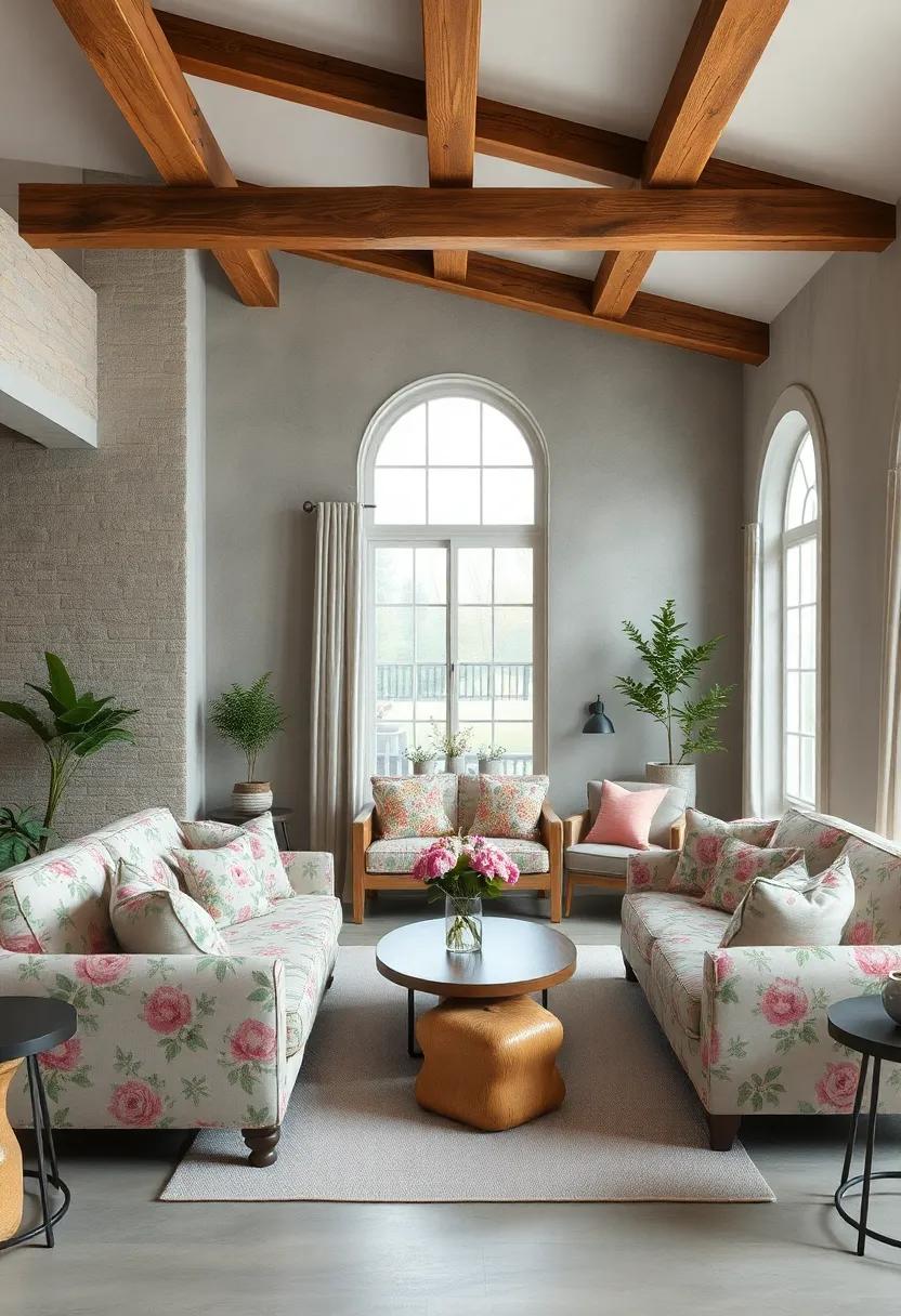 - Rustic Wooden Beams Complementing Floral Sofas in a Soft Pastel Cottagecore Living Room