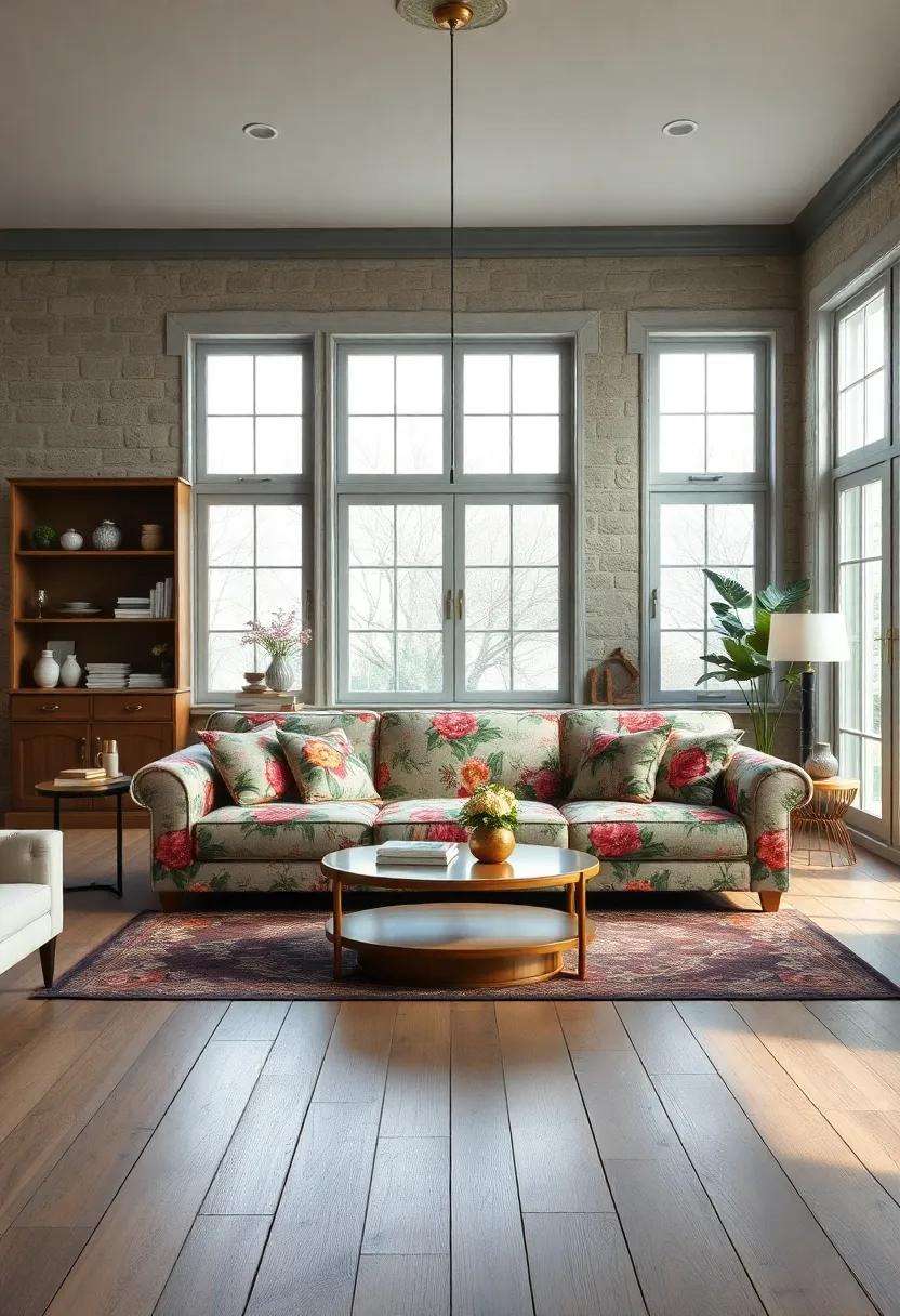 - Painted Wooden Floorboards Bringing Warmth to a Floral Sofa-Centered Space