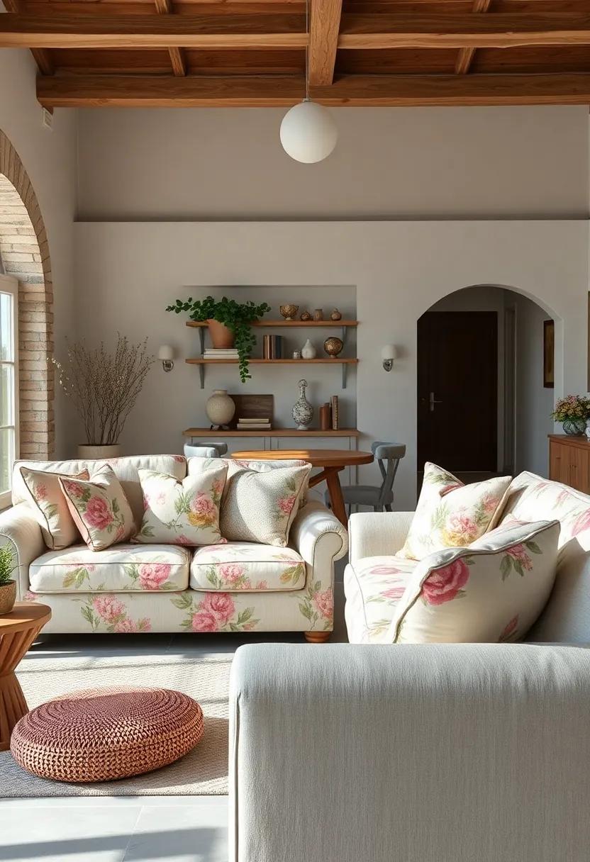 - Soft Wool Cushions Resting on Floral Sofas within a Light-Filled Cottage Living Room