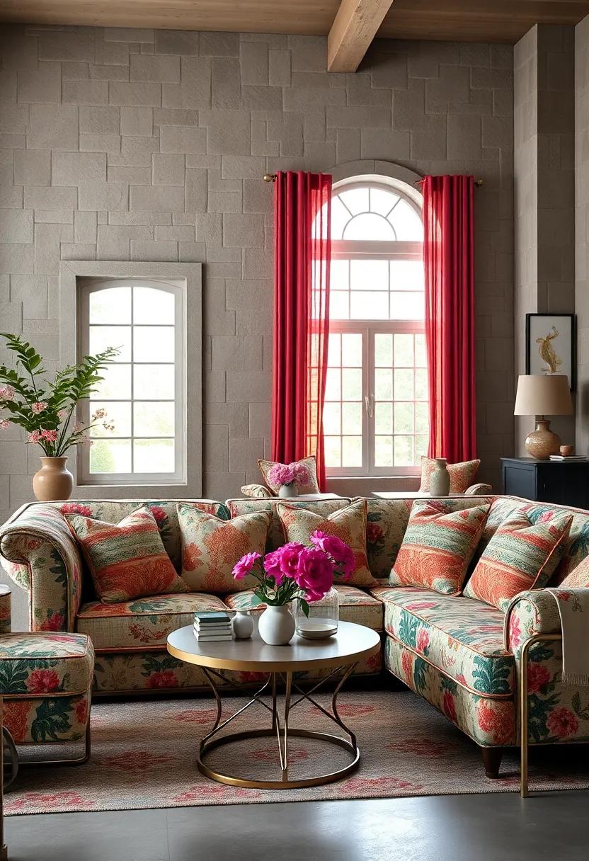 - Patchwork Pillows Layered on Floral Sofas to Add Color and Texture