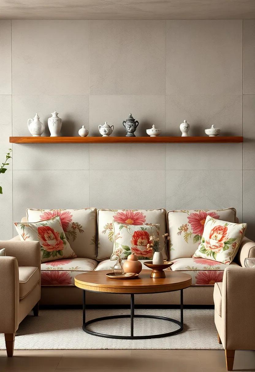 - Delicate Porcelain Figurines Displayed on Shelves Above Floral Sofa Settings