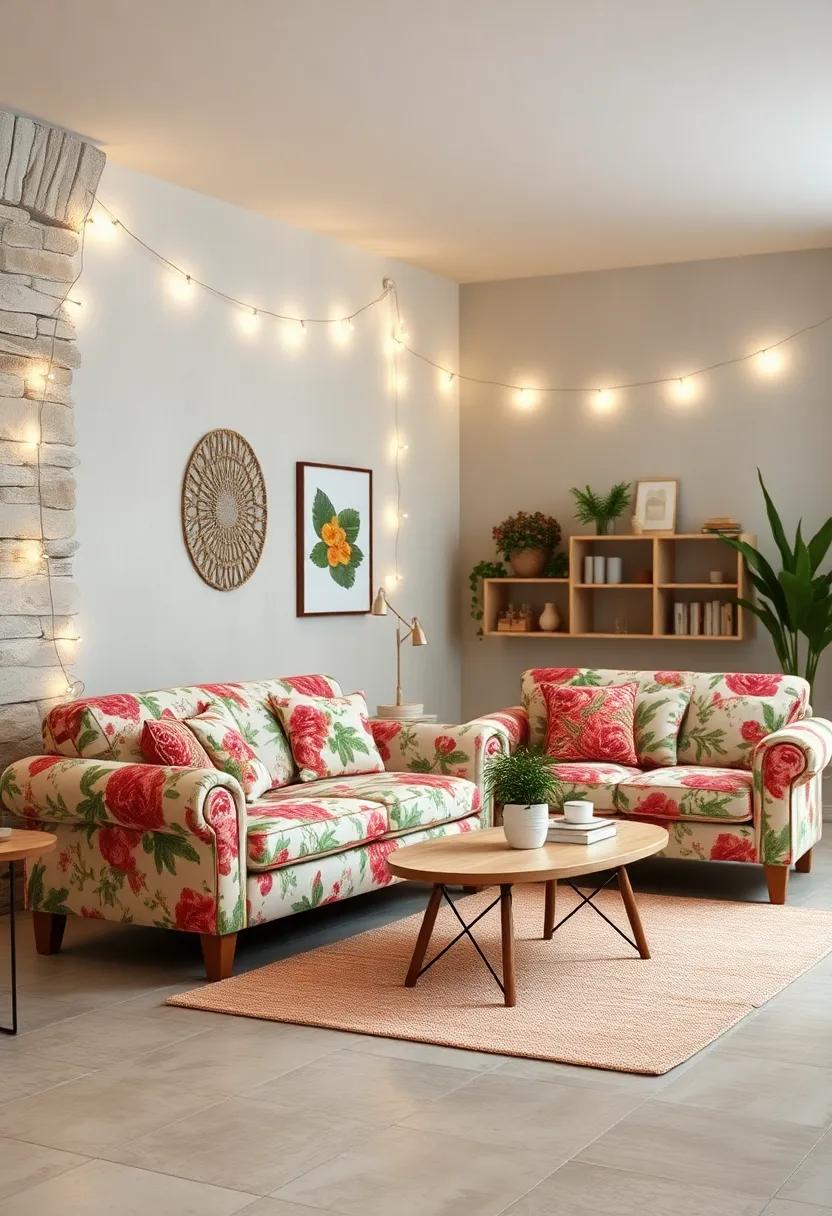 - Whimsical Fairy Lights Twinkling Around Floral Sofas in a Cozy Cottagecore Lounge