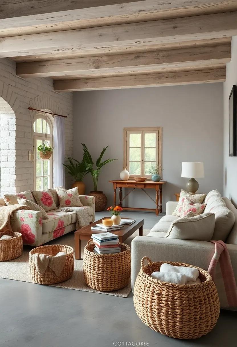 - Handwoven Baskets for Blankets and Books Near Floral Sofa Corners