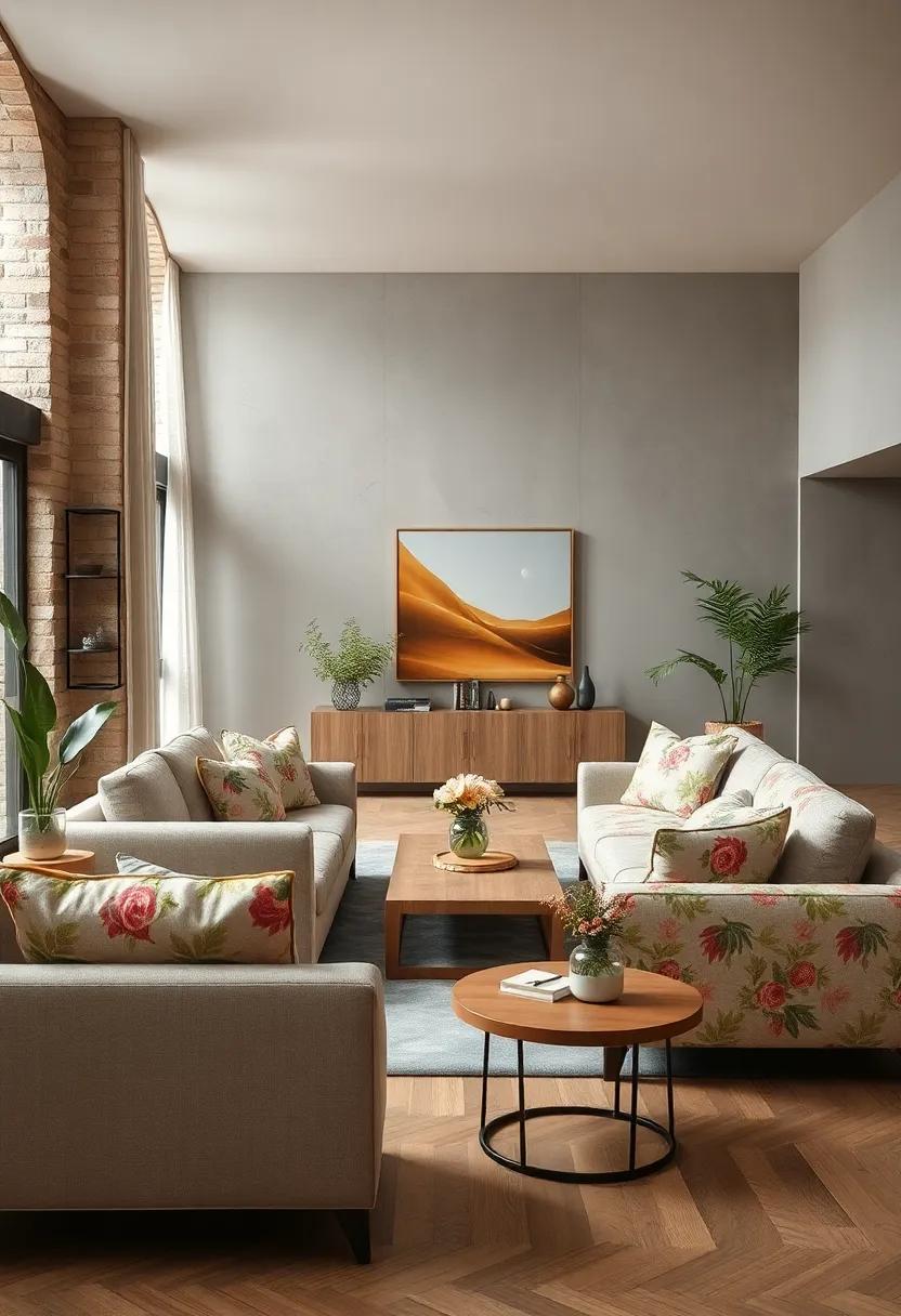 - Muted Earth Tones and Soft Floral Patterns Blending Seamlessly in a Cottagecore Lounge