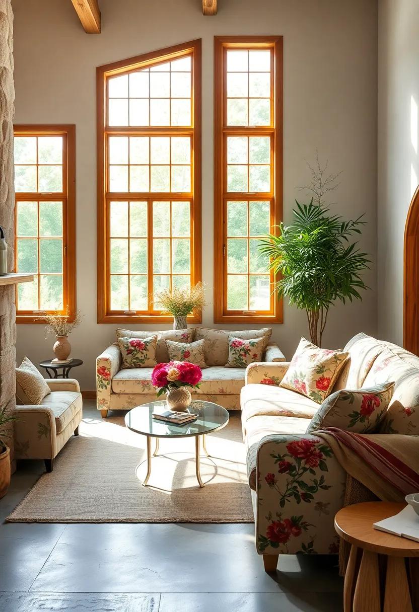 - Daylight Streaming Through Pine-Framed Windows on a Floral Sofa-Decorated Space