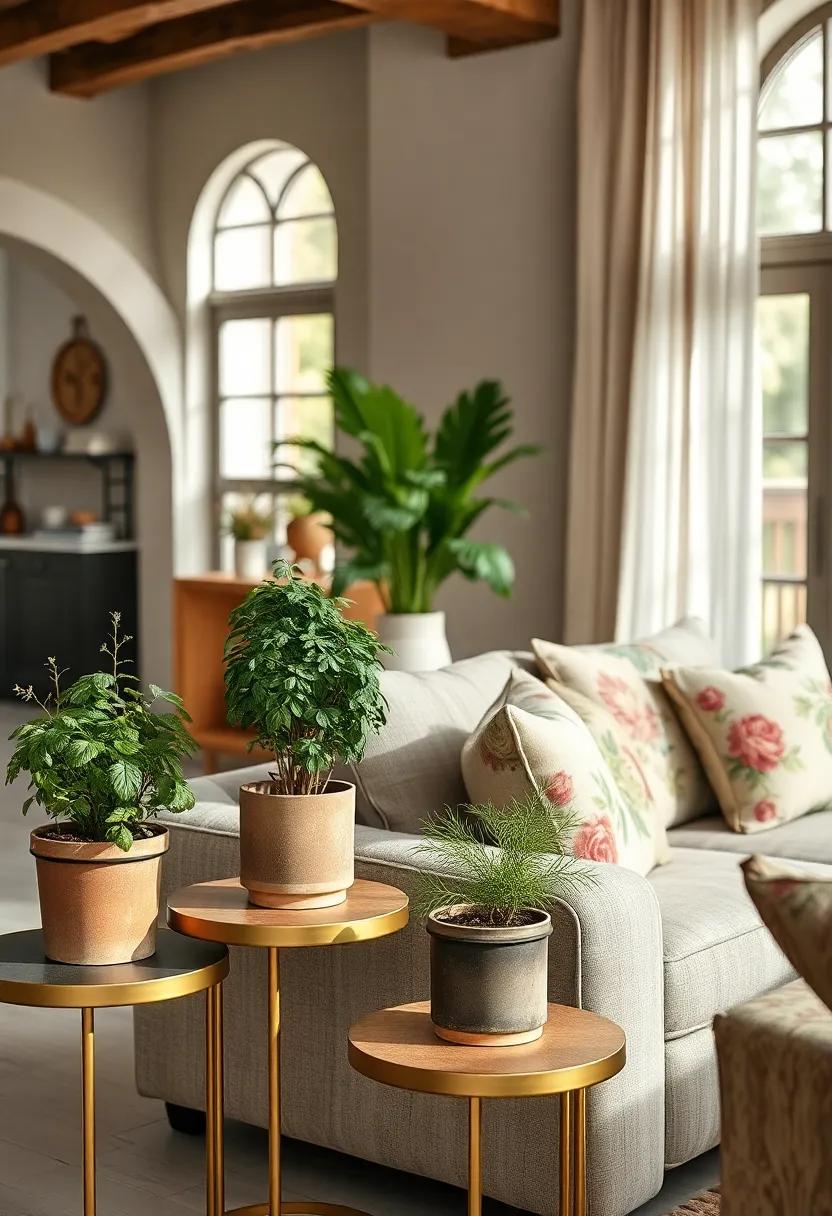 - Fresh Herb Pots Sitting on Side Tables Next to a Comfortable Floral Sofa