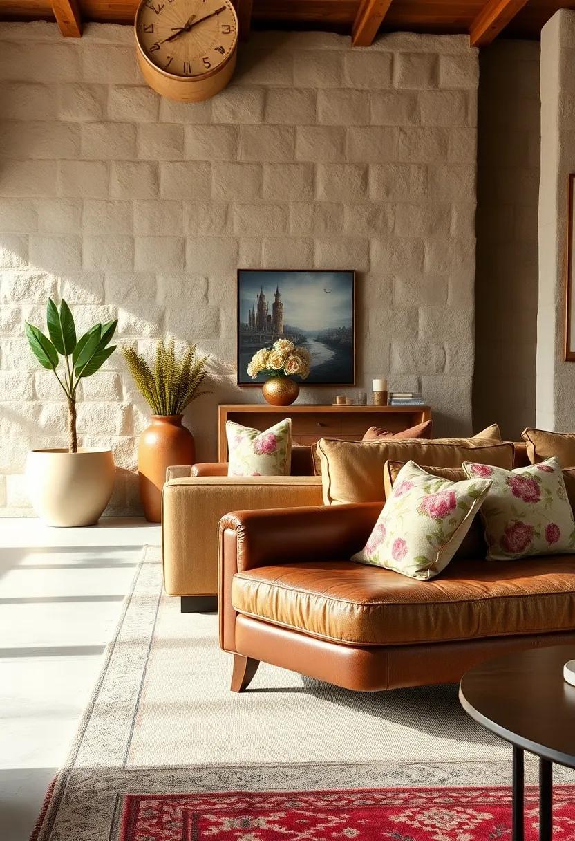 - Handcrafted Ceramic Vases Holding Fresh Wildflowers Beside Floral Sofas