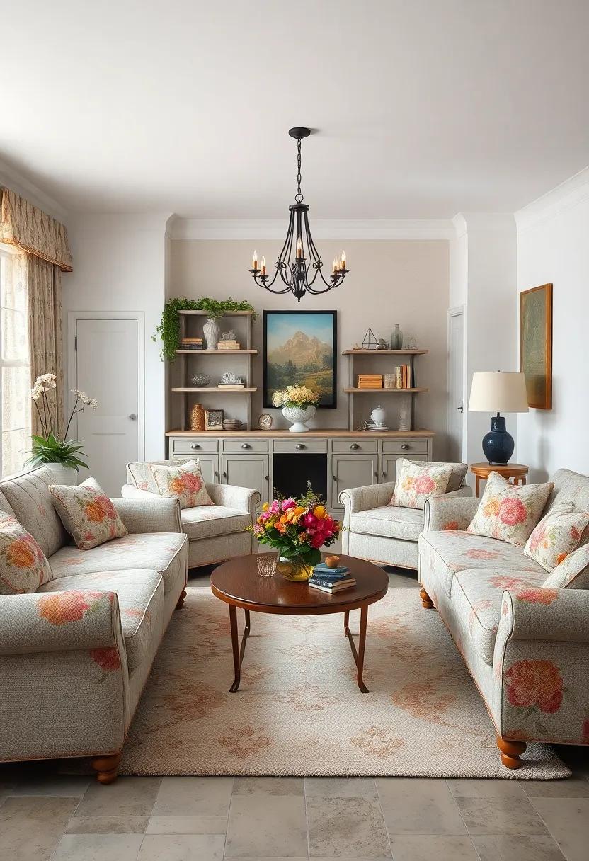 - Shabby Chic Coffee Tables Surrounded by Floral Sofas in a Quaint Living Space