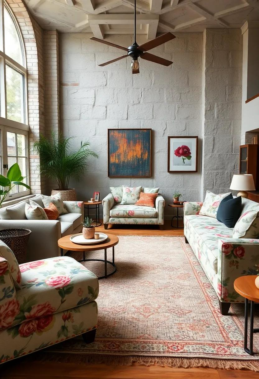 - Earthy Woven Rugs Enhancing the Charm of a Cottagecore Living Room with Floral Sofas