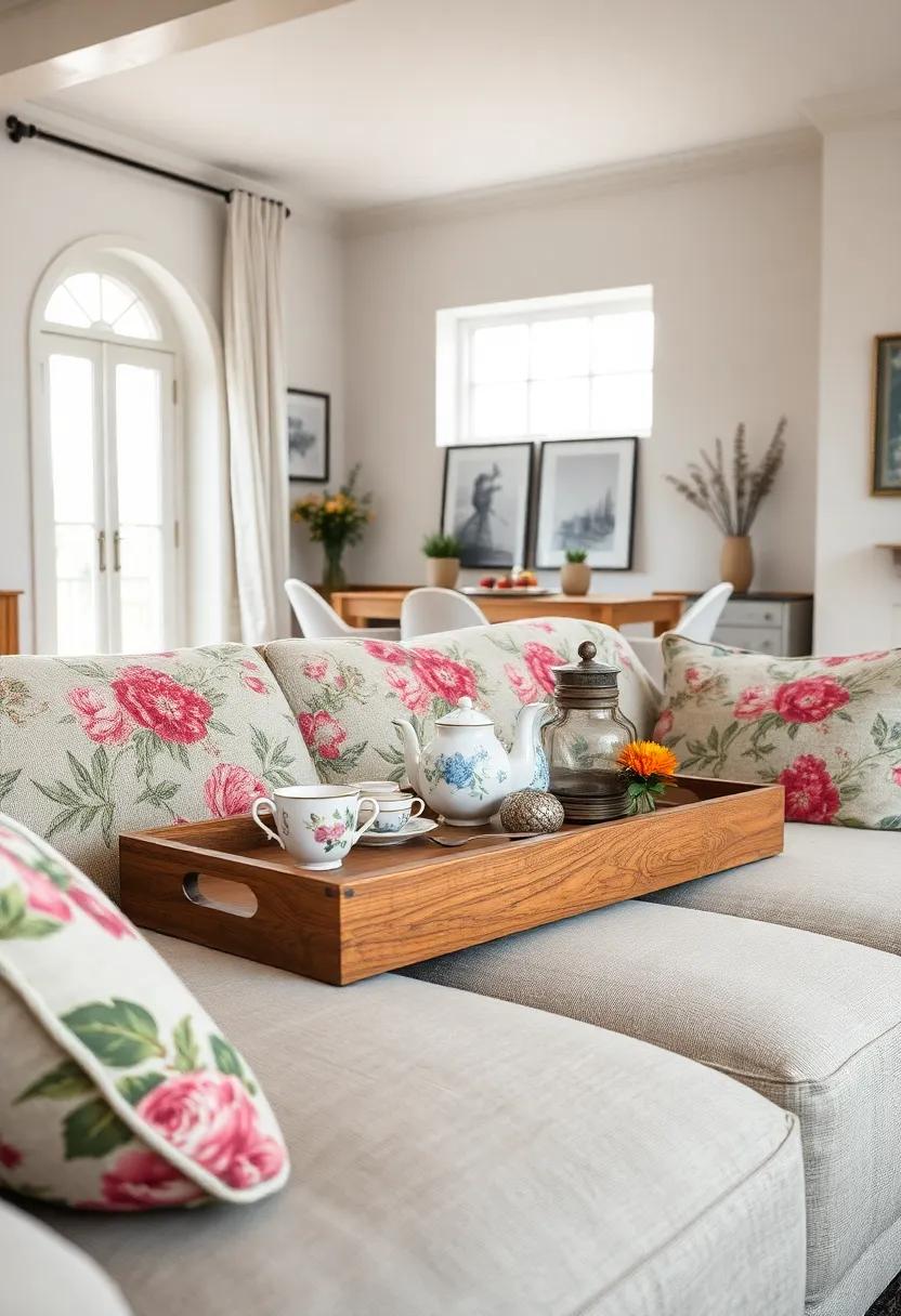- Vintage Tea Sets Arranged on a Wooden Tray atop a Floral Sofa for a Nostalgic Feel