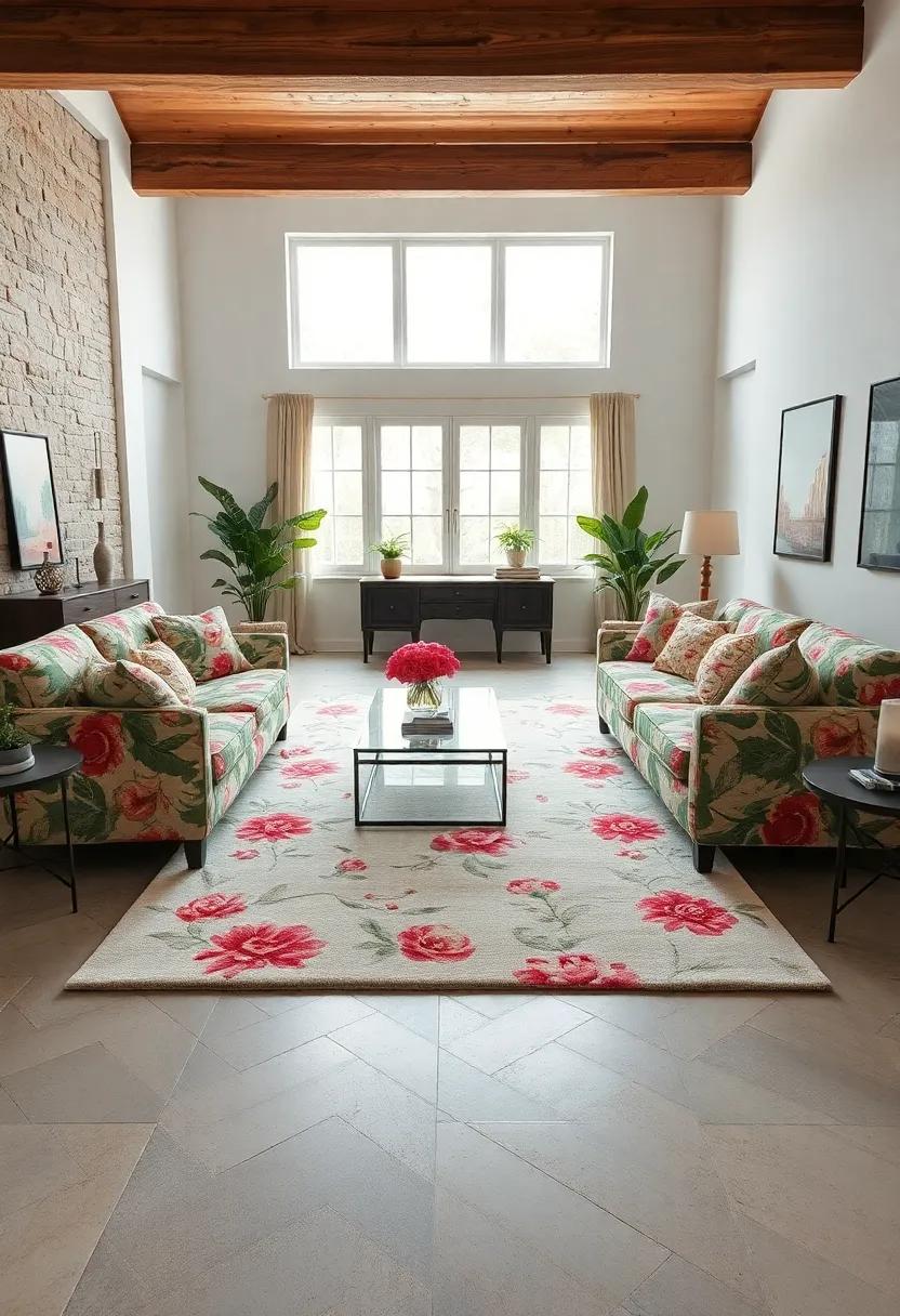 - Plush Area Rugs with Floral Accents Framing the Seating Arrangement