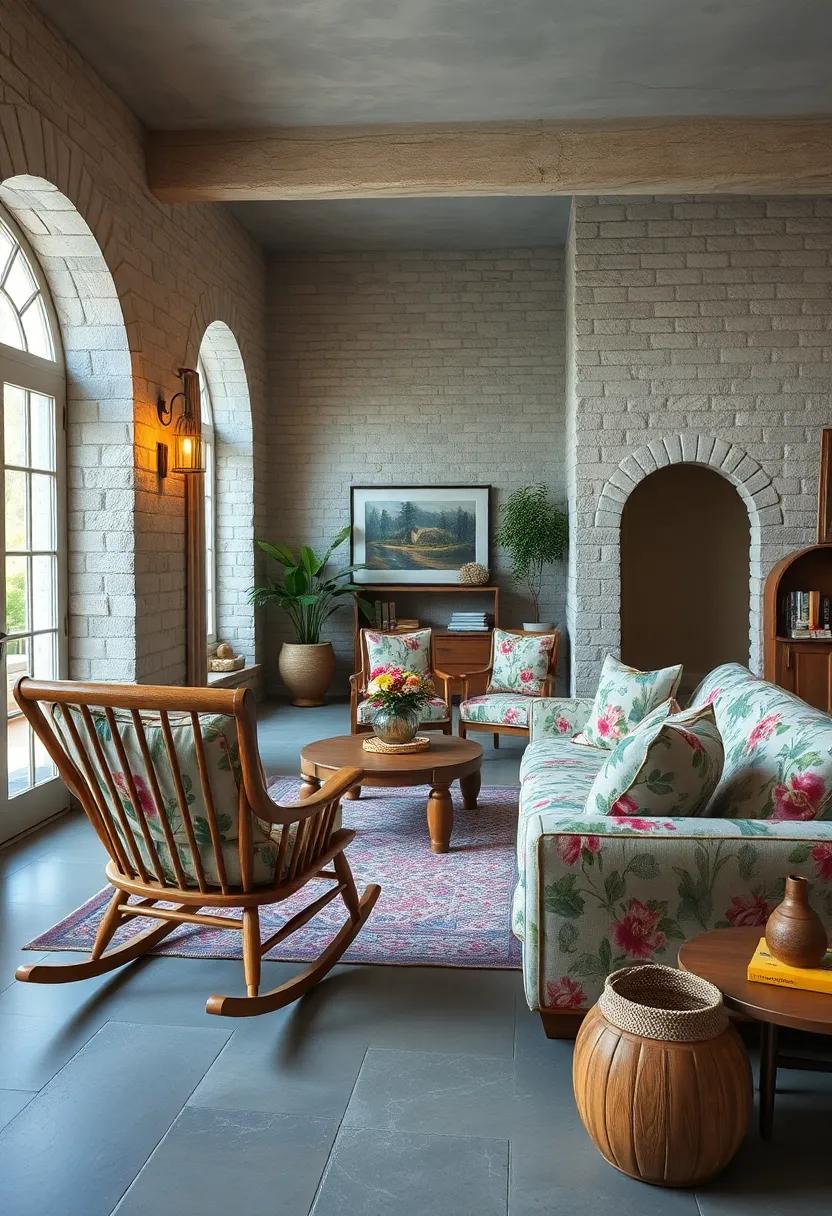 - Curved Wooden Rocking Chairs Nestled Near Floral Sofas for a Serene Gathering Spot