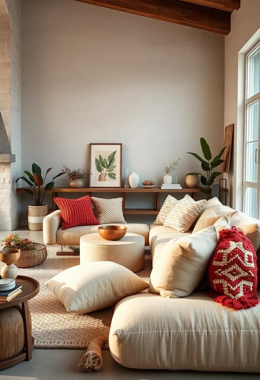Layered textures: Combine oversized cushions with varied fabric textures like velvet, linen, and crochet for a cozy, inviting vibe