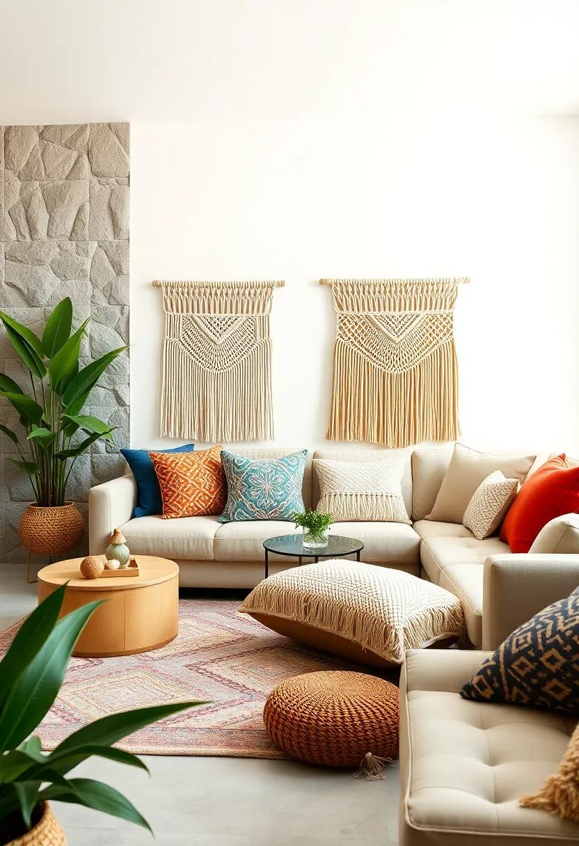 macrame Magic: Enhance your boho living room with oversized macrame cushions that double as art, adding dimension and style to your seating arrangement