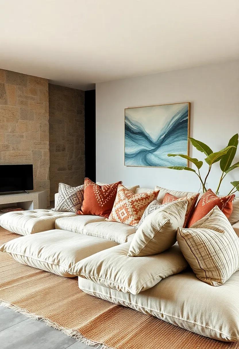 Pile It On: Layer multiple oversized cushions on a large sofa or a set of floor beds for an ultra-cozy, welcoming atmosphere