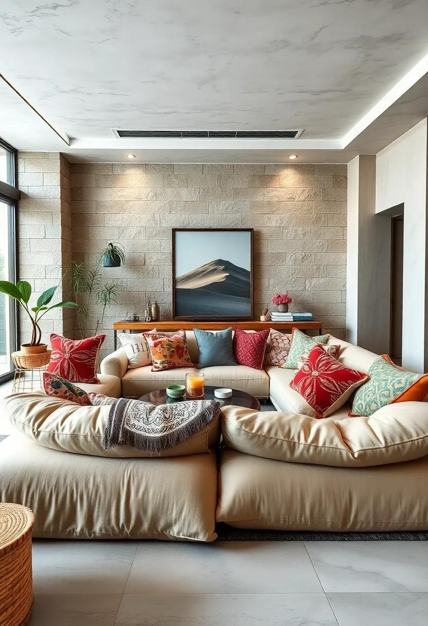 Layered Seating: Stack oversized cushions in varying heights for a playful look that invites guests to sink in and stay awhile