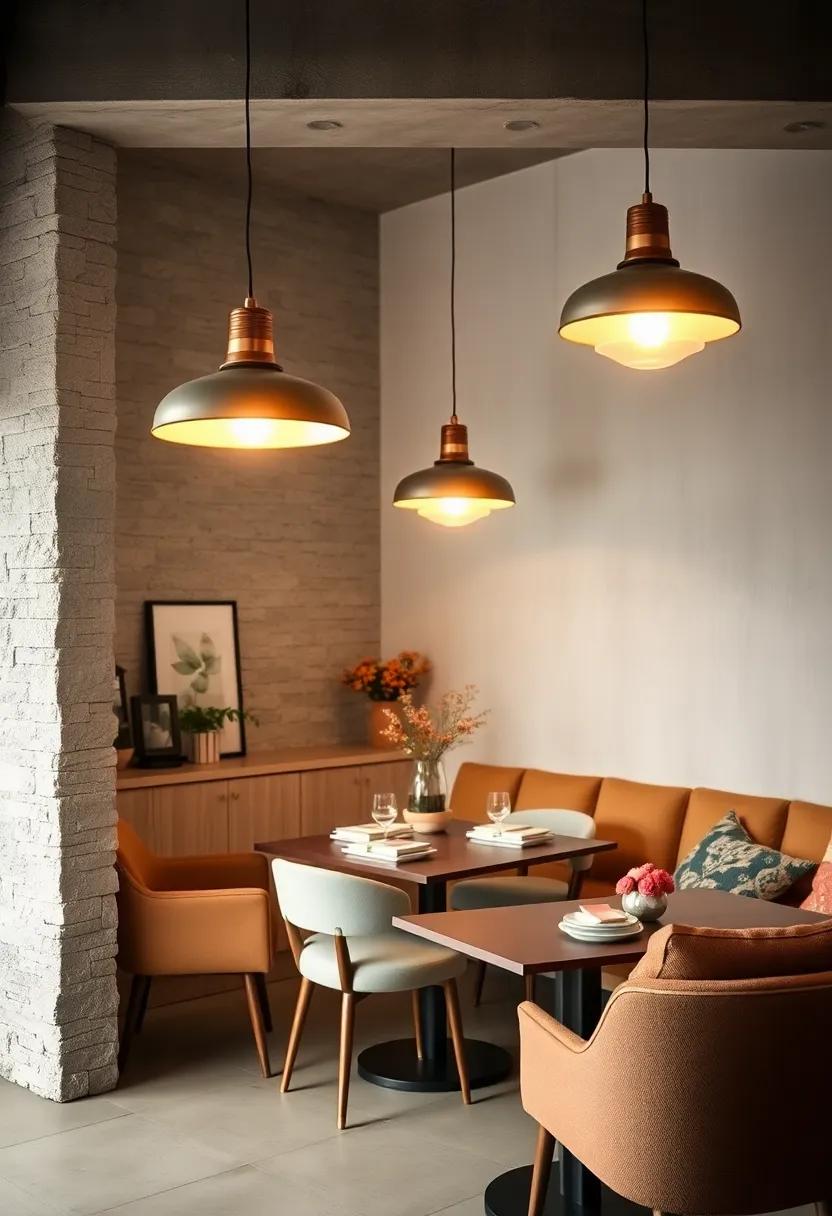 Eclectic dining rooms illuminated by bold retro pendant lights casting warm glows over vibrant textured walls