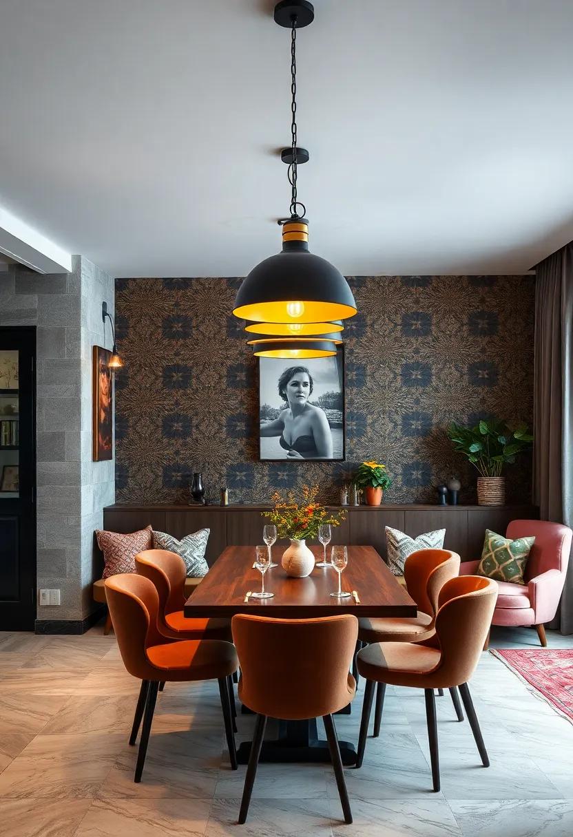Creative contrasts of matt black retro pendants and soft velvet upholstery set beneath intricate wallpaper motifs