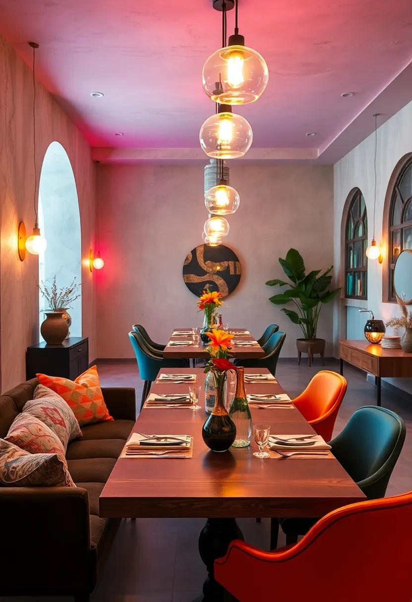 Vibrant eclectic interiors featuring multi-colored retro lights paired with artistic centerpieces and asymmetrical layouts