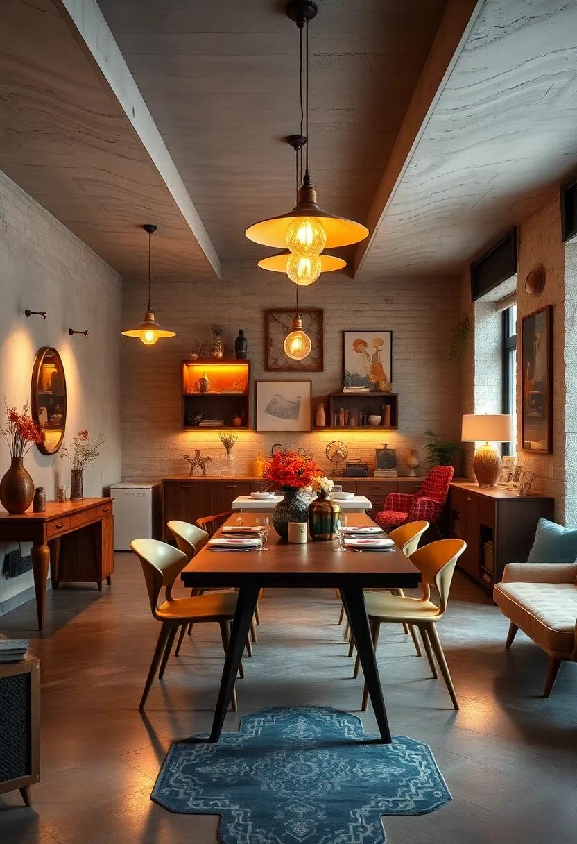 Creative interior spaces combining mid-century modern furniture with quirky vintage lighting fixtures and artistic decor