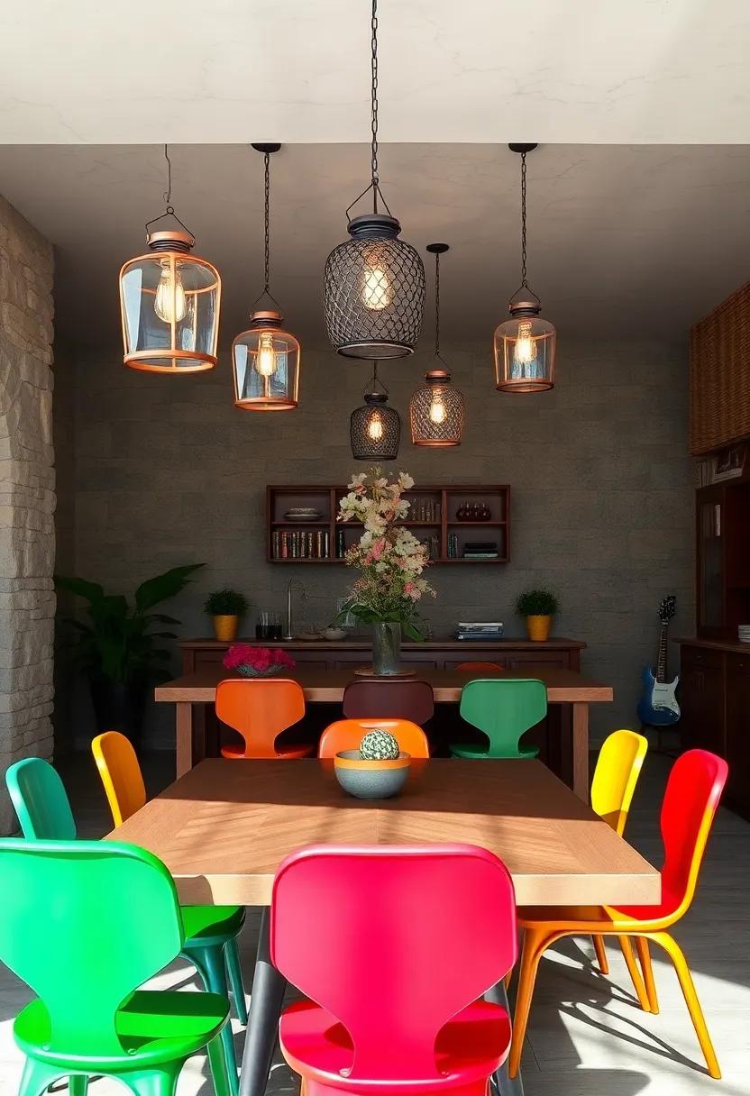Eclectic spaces showcasing unique handcrafted retro lanterns hanging above mismatched colorful dining chairs