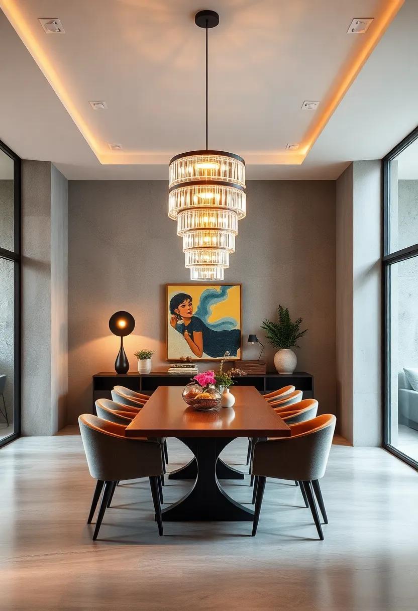 Dramatic dining room corners highlighted by cascading layered retro light fixtures contrasting with minimalistic art pieces