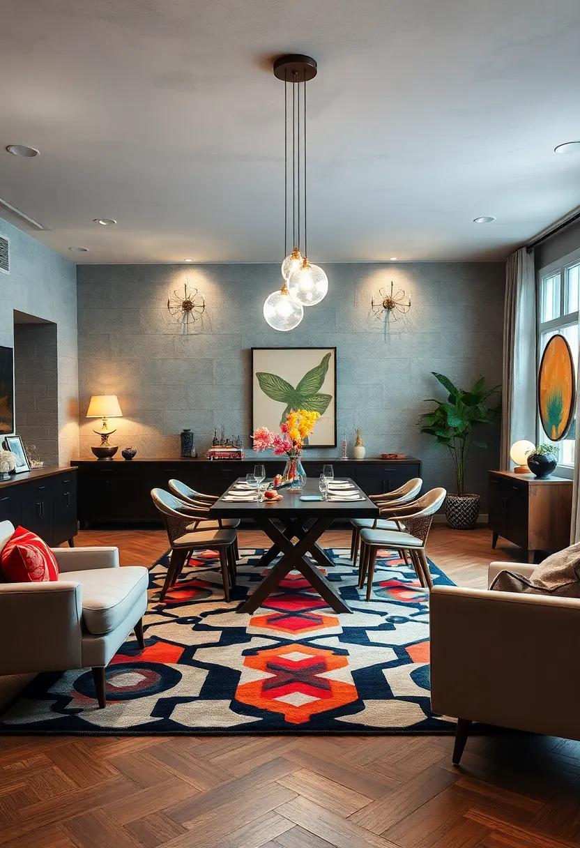 Retro-inspired globe lights illuminating an artistic dining ensemble centered by a bold graphic rug layout