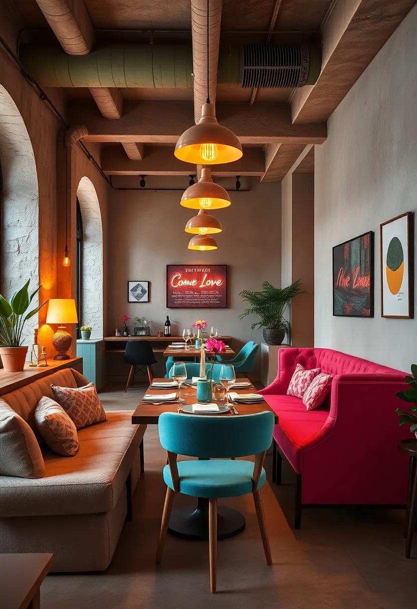 A harmonious blend of pastel furniture tones and neon retro lamps creating playful yet sophisticated dining atmospheres