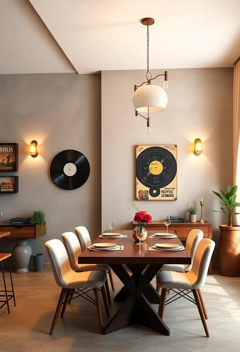 Warm inviting retro sconces enriching eclectic wall textures alongside vintage vinyl record cover wall art