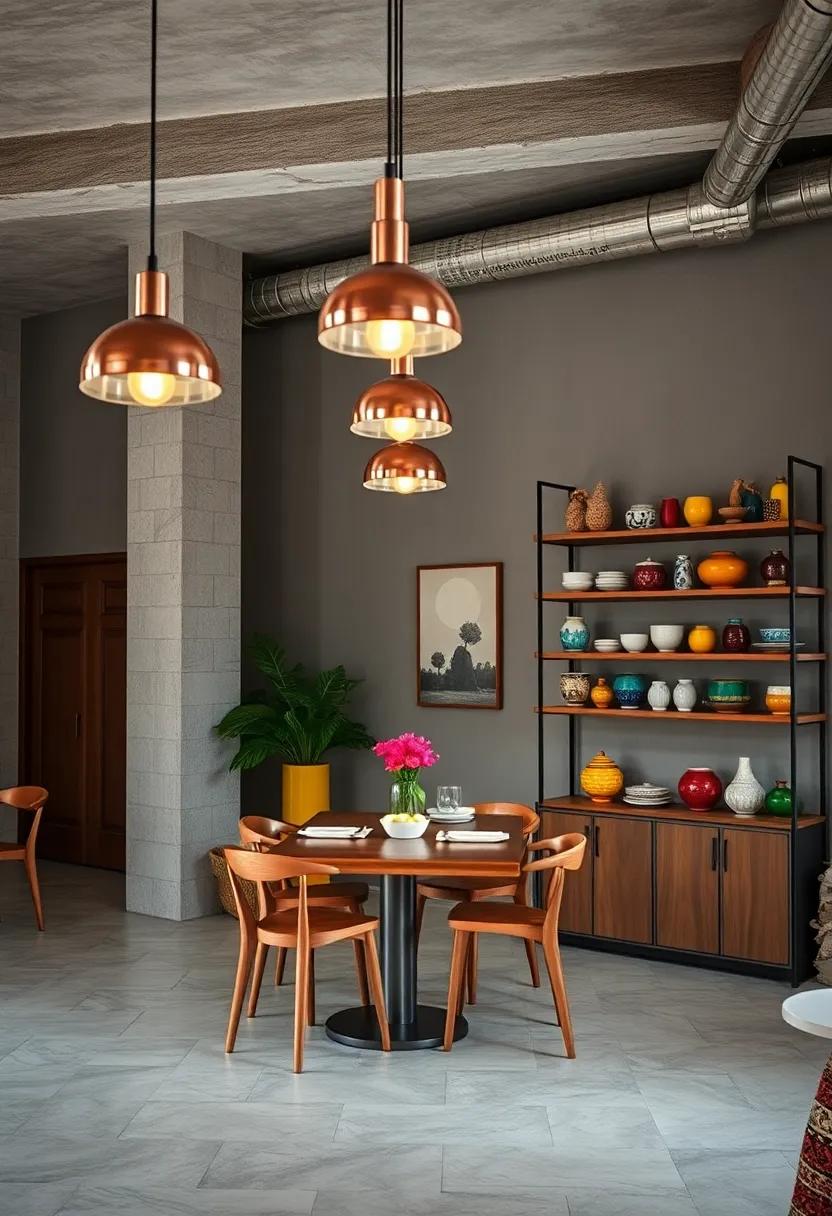 Bold contrasting retro lighting designs over sleek marble dining surfaces framed by bold abstract wall art