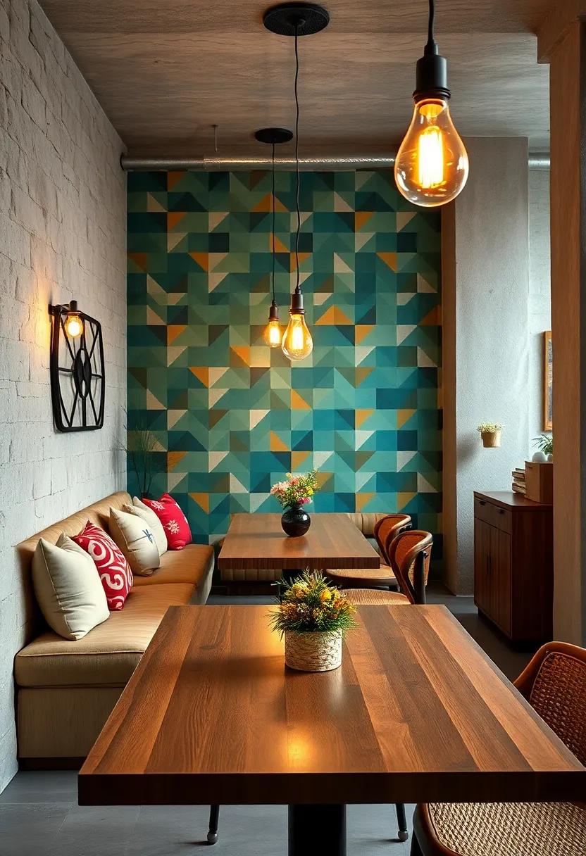 Mixing colorful geometric wallpaper backdrops with soft glowing filament bulbs in an inviting dining nook