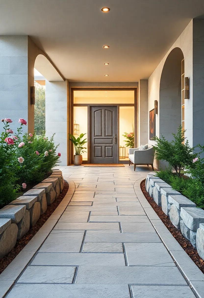 Inviting Curved Walkway Lined with Low Stone Walls and Blooming Shrubs Guiding Guests Inside