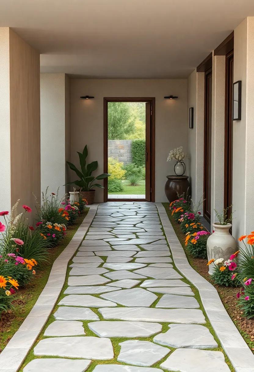 Rust-Colored Flagstone Path Curling Gracefully Toward a Welcoming Front Door Bathed in Warm Light