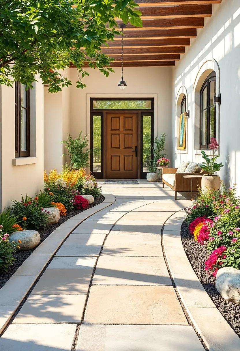 Sun-Kissed Curved Pathway Highlighting Smooth Sandstone Slabs Surrounded By Colorful Perennials