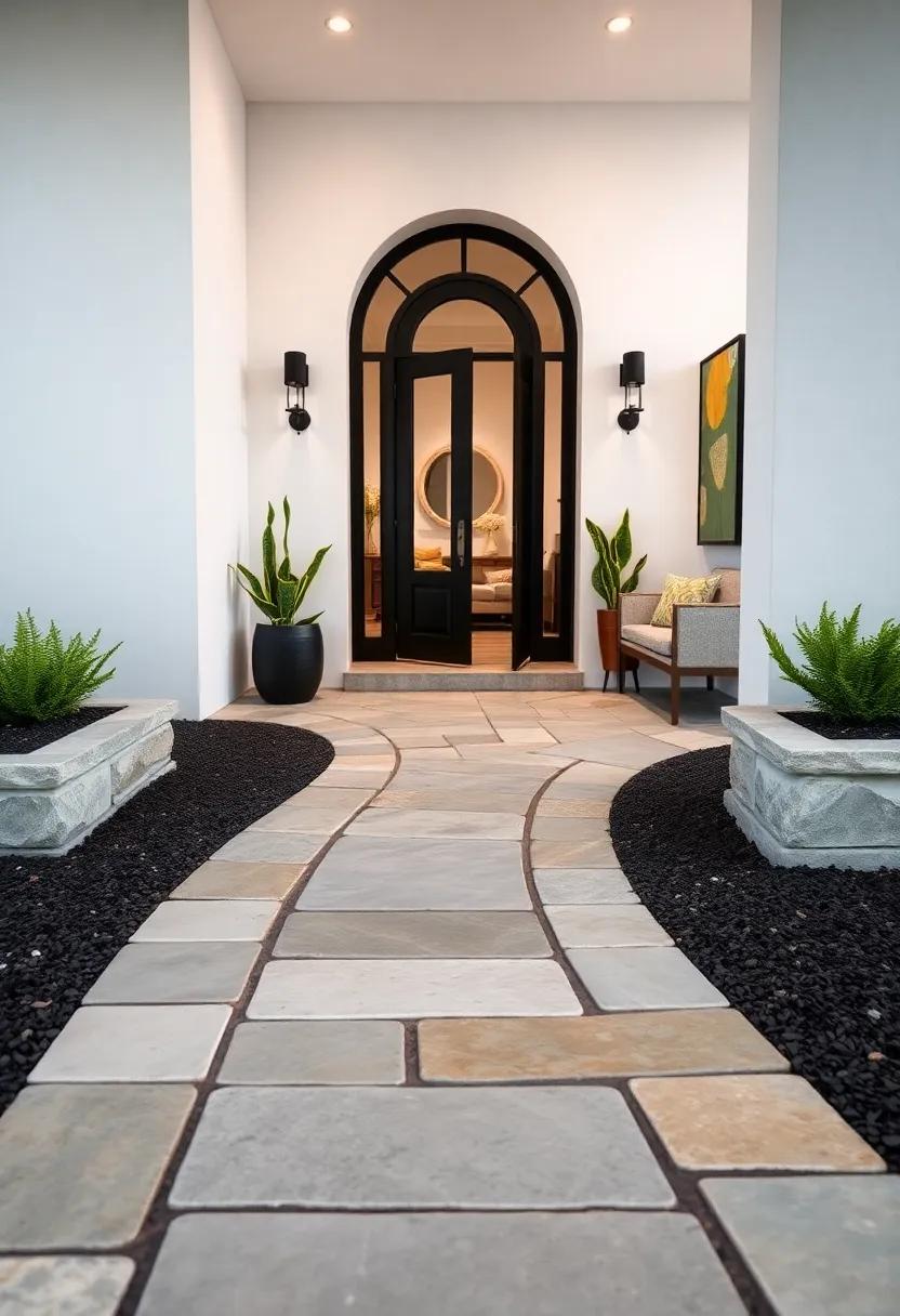 Curved Walkway Composed of Multi-Shaped Limestone Pavers Contrasted With Dark Mulch Borders