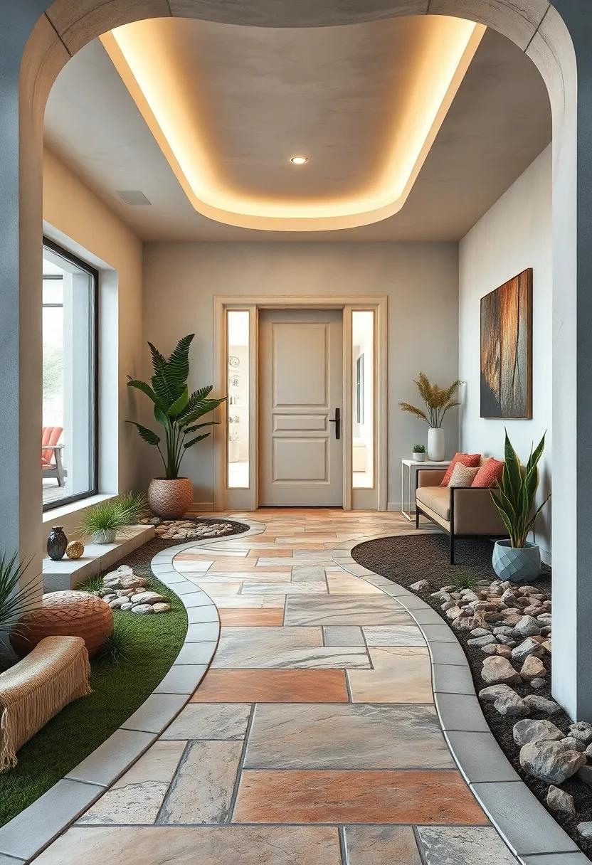 Elegant Curved Pathway Featuring Mixed Stone Textures Blending Seamlessly Into the Landscape