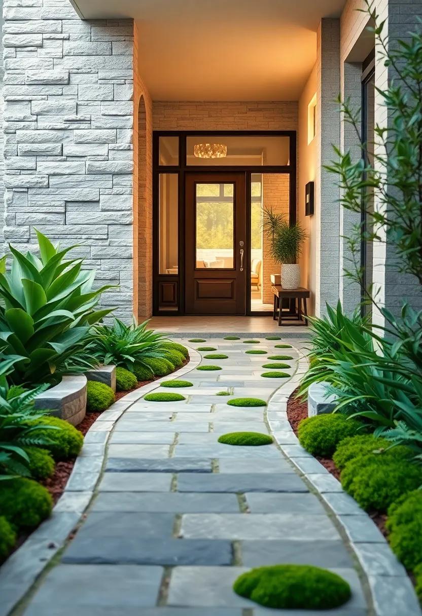 Lush Garden Framing a Curvy Pathway Crafted from Textured Slate Pieces and Soft Moss Accents