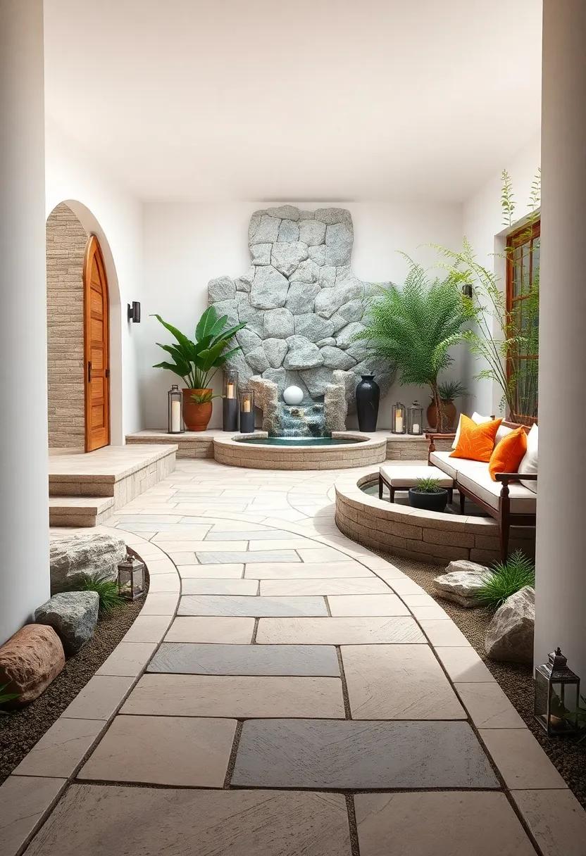 Natural Stone Walkway Curving Softly Past a Tranquil Water Feature and Decorative Lanterns