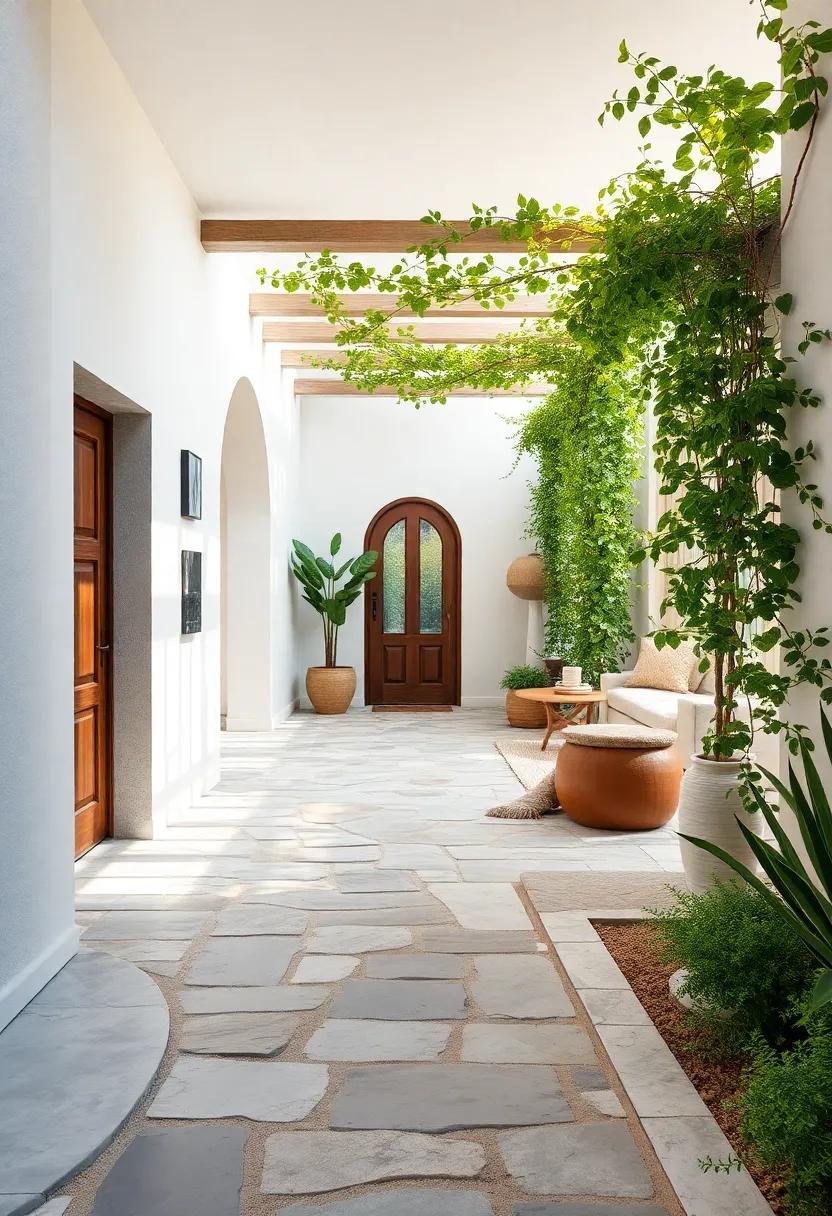 Soft Curves of Cobblestone Paths Leading Through Lush Greenery to a Charming Front Door