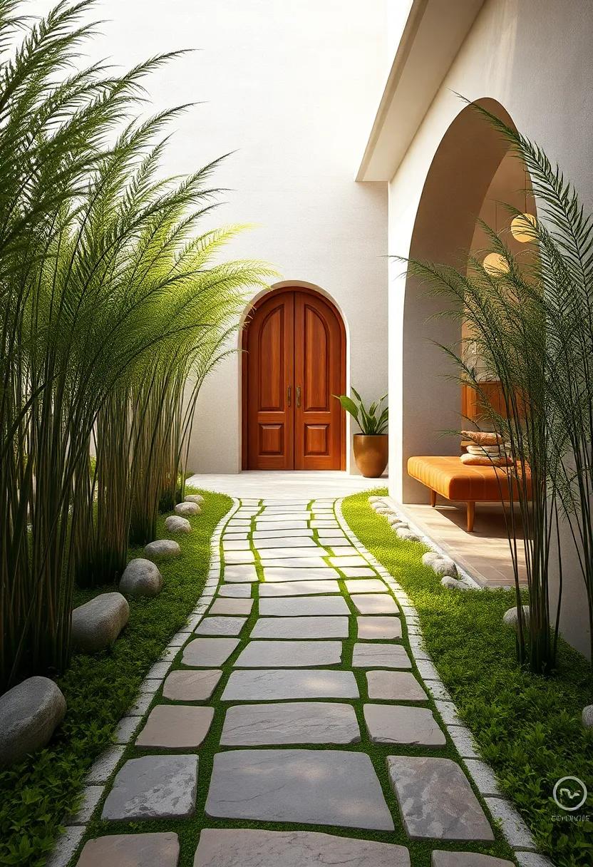 Delicate Arches of Stone Edging Along a Flowing Walkway Framed by Tall Grasses and Ferns