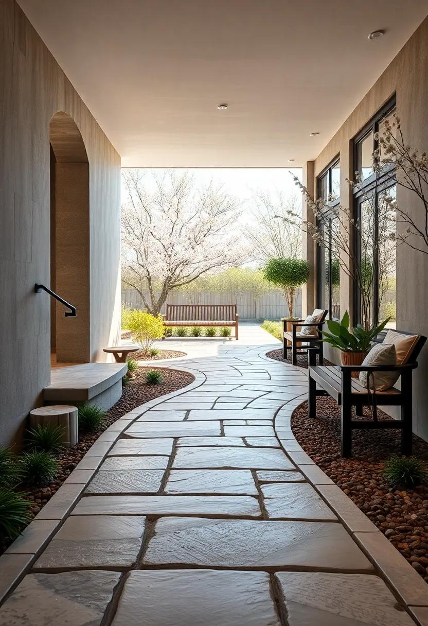 Subtle Meandering Stone Walkway Inviting Visitors Past Garden Benches and Blossoming Trees