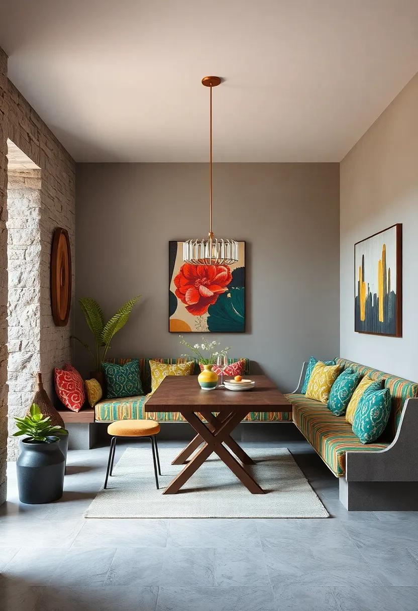 Playful patterns: Add character to your dining space using vibrant upholstery on a built-in seat, offering a ⁣splash of color and a lively contrast to the minimalist décor around ​it