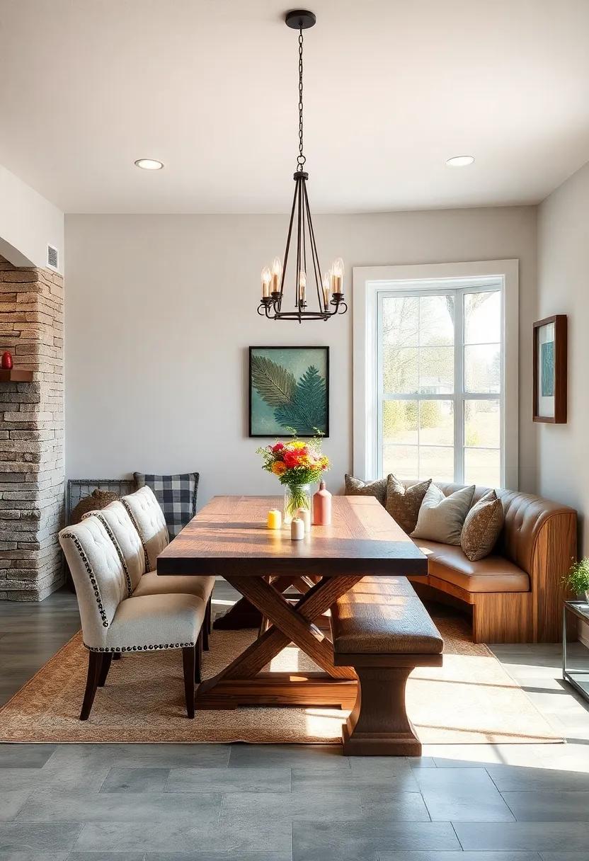 Rustic Elegance: Embrace⁣ farmhouse style with a ‌sturdy wooden bench integrated into a reclaimed wood dining table, combining functionality and aesthetic ‌appeal for memorable family ‌gatherings